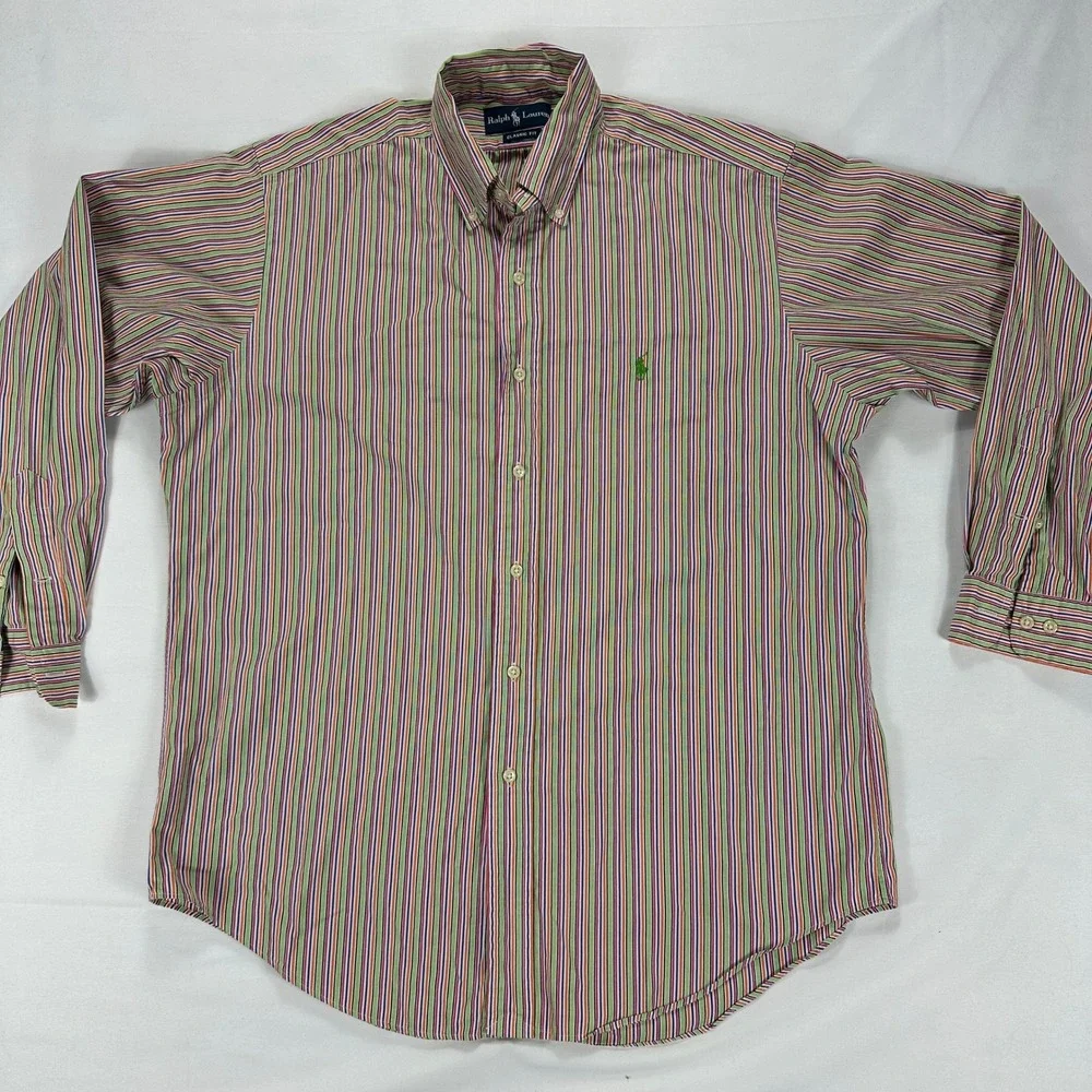 Ralph Lauren Classic Fit Button-Up Shirt Multicolor‎ Stripe 100% Cotton L